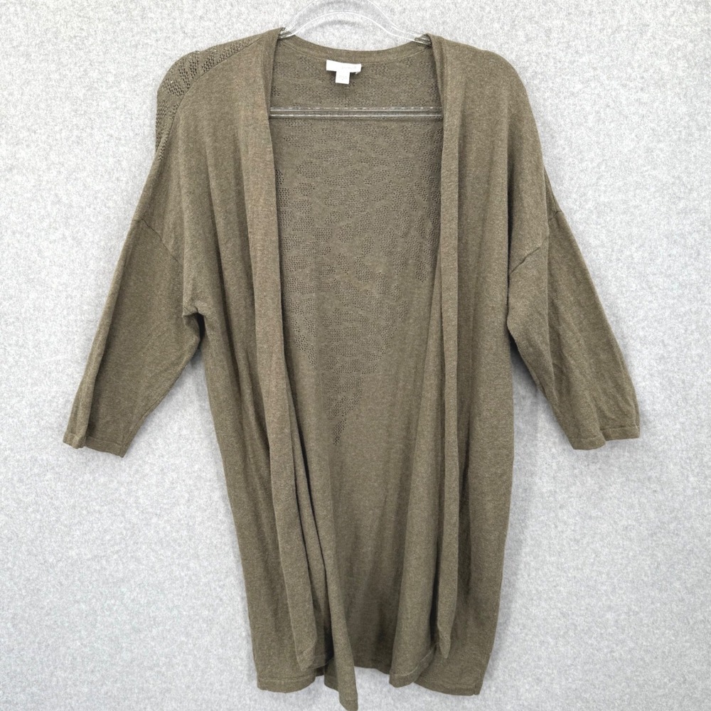 J Jill Pure Jill Green Cotton Linen Fine Knit‎ Cardigan Sweater Pointelle Knit M